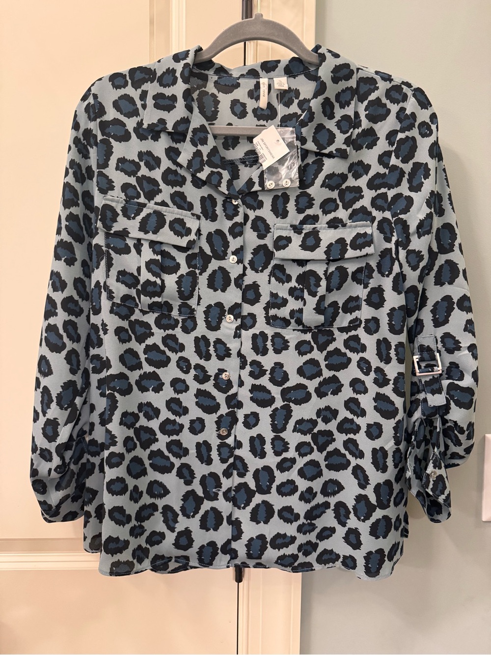 Cato Blue and Black Leopard-Print Button Front Blouse